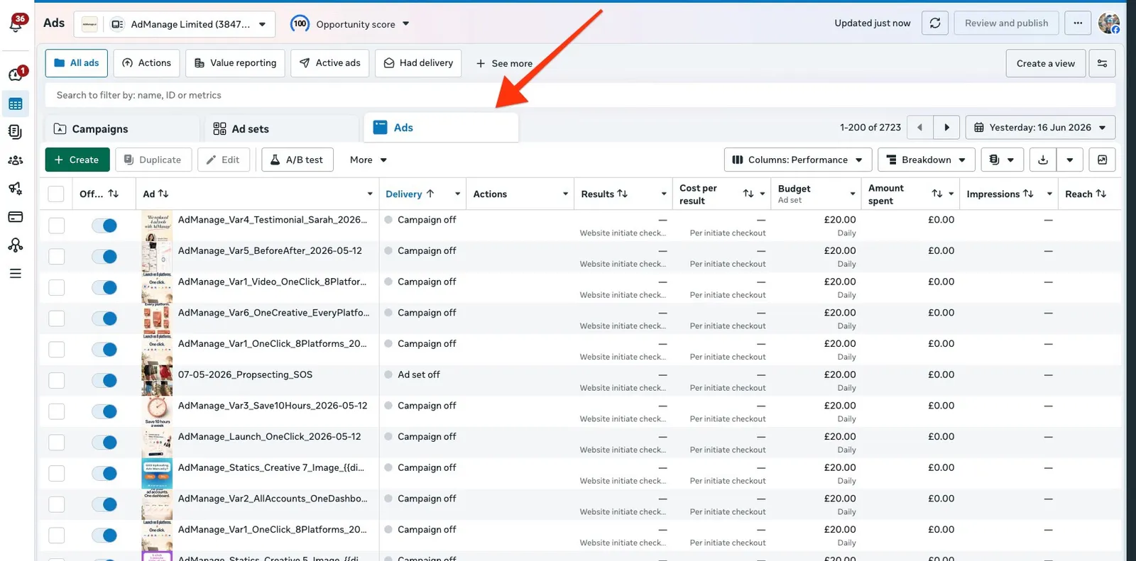 Meta Ads Manager with an arrow pointing to the Ads tab