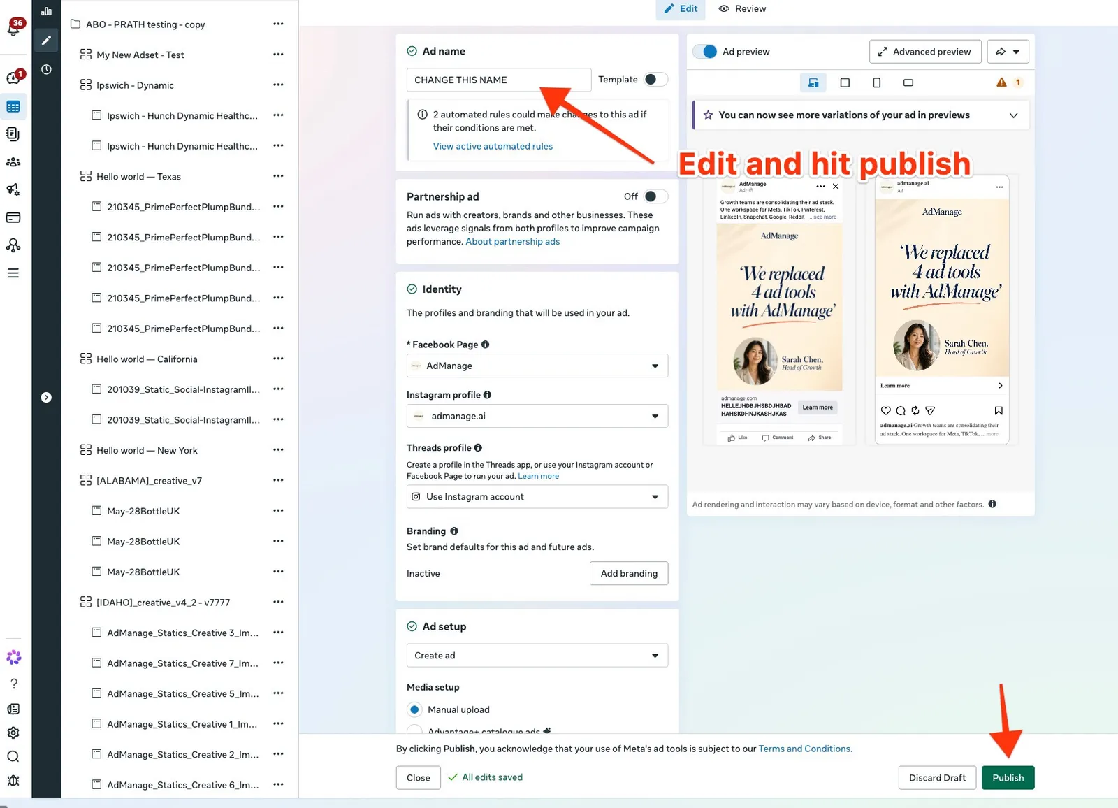 Ads Manager ad editor with the ad name changed and the Publish button highlighted